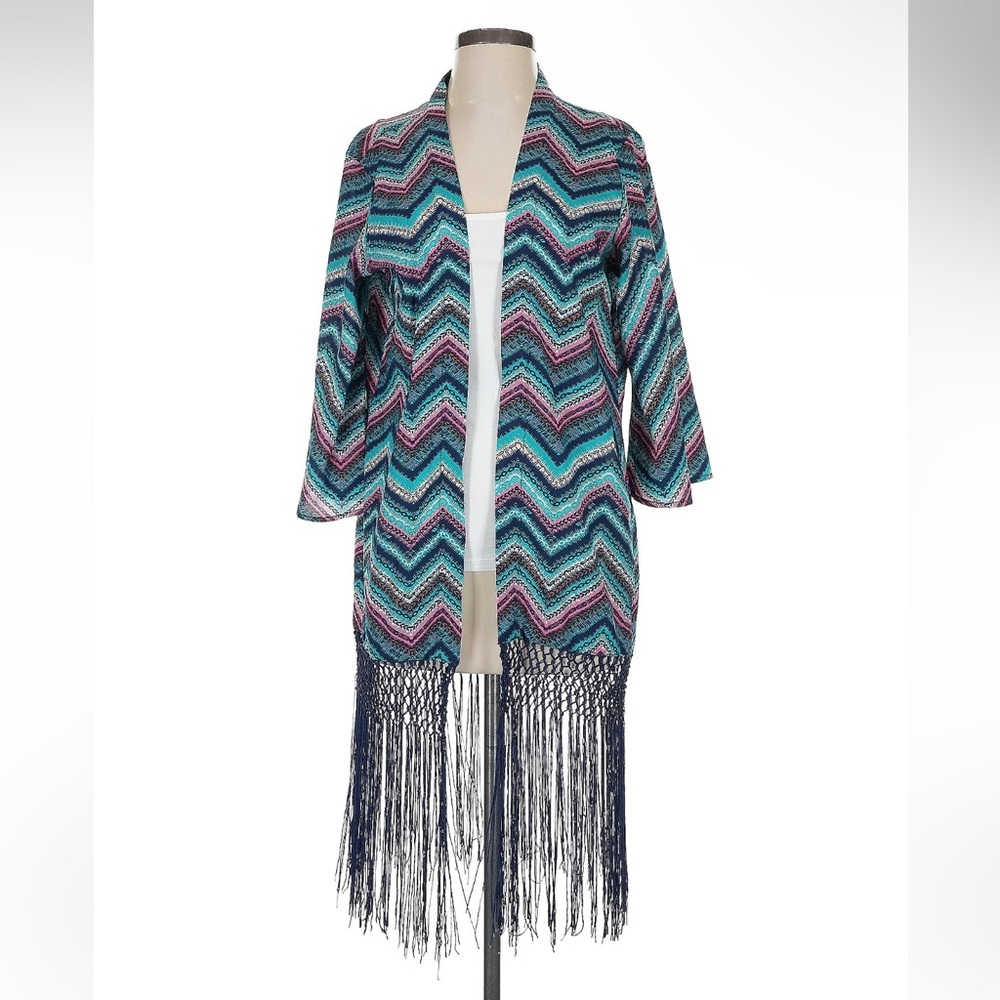 Wrangler Multicolor Chevron Fringe Knit Tunic - Teal, Navy, Pink - Picture 2 of 7